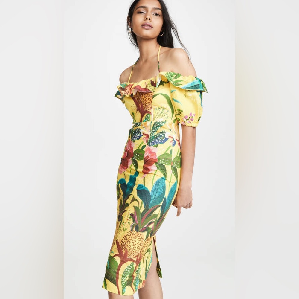 New Farm Rio Golden Jungle Linen Midi Dress Small